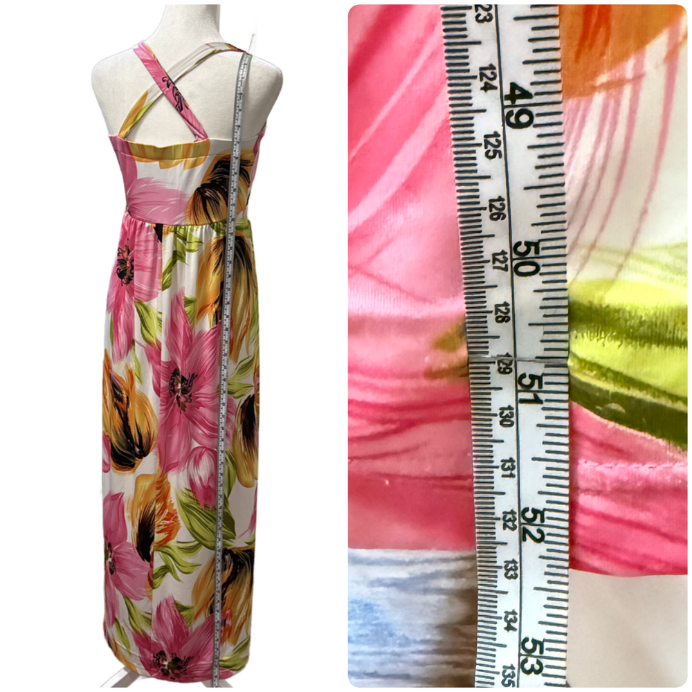 Vintage Y2K KARIN STEVENS Maxi Dress Empire Waist Floral Tropical Resort Size 10 - Picture 5 of 11